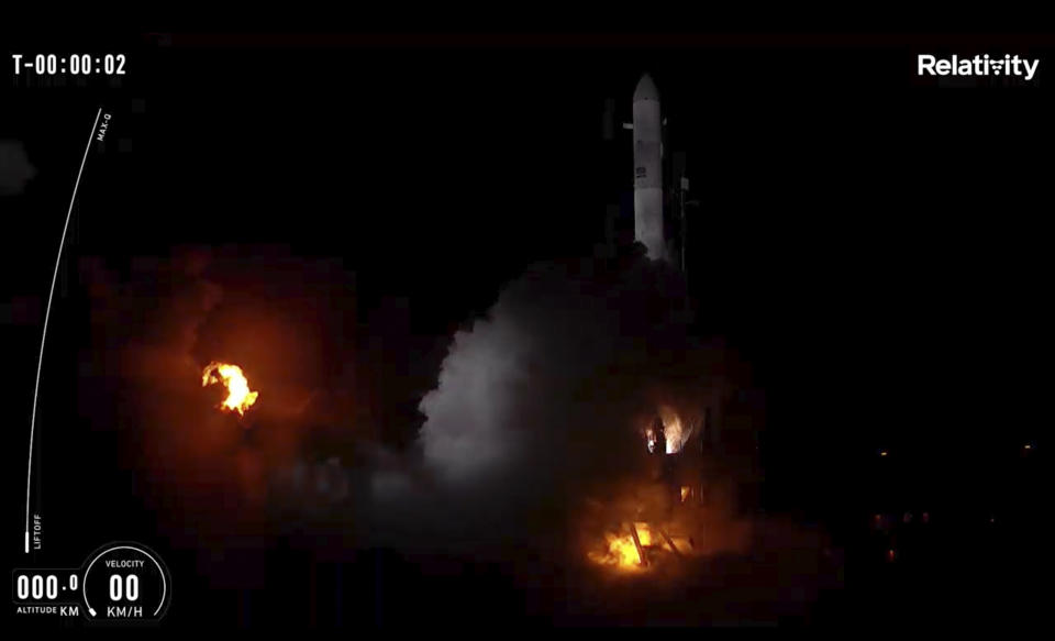 In this frame grab from livestreamed video provided by Relativity Space, Terran 1 launches from Cape Canaveral, Fla., late Wednesday, March 22, 2023. The rocket is made almost entirely of 3D-printed parts. (Relativity Space via AP)