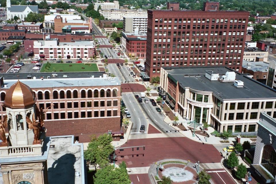 An aerial view of downtown Canton, Ohio, taken in 2020.