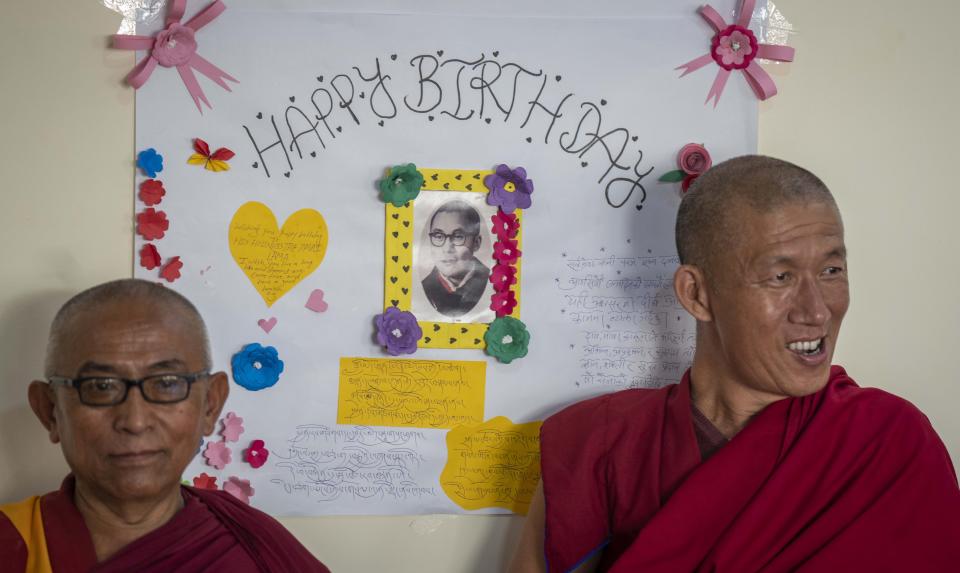 Tibetan Buddhist Monks join celebrations to mark the birthday of their spiritual leader the Dalai Lama in Kathmandu, Nepal, Thursday, July 6, 2023. (AP Photo/Niranjan Shrestha)