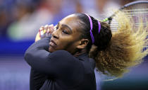 Serena Williams returns to Maria Sharapova during the first round of the U.S. Open tennis tournament in New York, Monday, Aug. 26, 2019. (AP Photo/Charles Krupa)