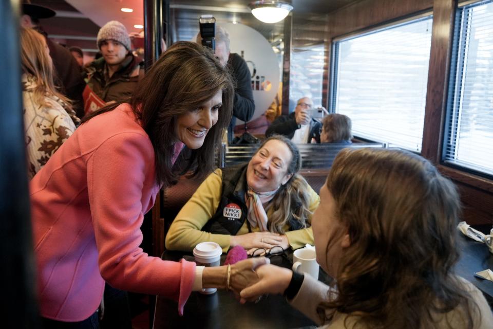 Presidential candidate Nikki Haley meets with supporters at Drake Diner in Des Moines, Iowa on Jan. 15, 2024, before the 2024 Iowa Caucus.