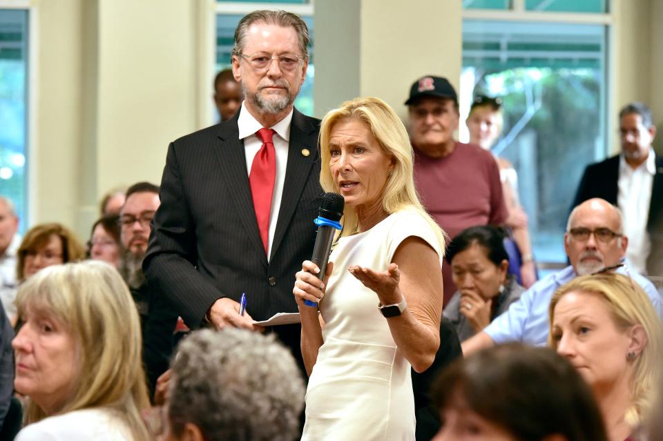 Jacksonville Mayor Donna Deegan addresses a standing-room-only crowd at the Mandarin Senior Center on Aug. 3 as she took questions for two hours at her first of over a dozen community meetings that she has scheduled.