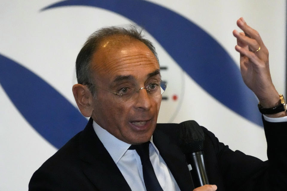 Far-right presidential candidate Eric Zemmour gives a press conference at the Foreign Press Association headquarters, in Paris, Monday, Jan. 17, 2022. Zemmour was convicted Monday of inciting racial hatred over 2020 comments he made about unaccompanied migrant children. A Paris court ordered Zemmour to pay a fine of 10,000 euros (more than $11,000) and several thousand euros in damages to anti-racism groups. (AP Photo/Francois Mori)