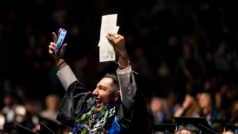 Damien Renteria cheers during graduation of Salt Lake City Community College at the Maverik Center in West Valley City on Friday, May 3, 2024.