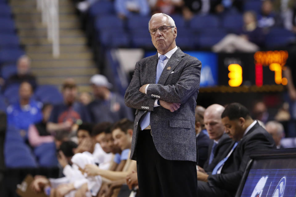 North Carolina head coach Roy Williams reacts during the second half of an NCAA college basketball game against Syracuse at the Atlantic Coast Conference tournament in Greensboro, N.C., Wednesday, March 11, 2020. (AP Photo/Ben McKeown)