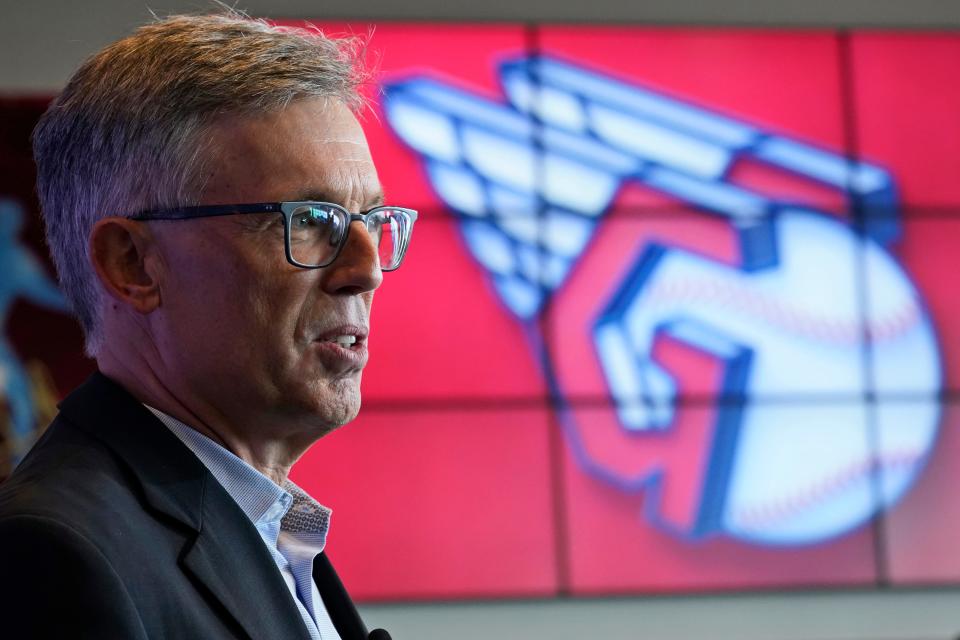 Cleveland Guardians owner Paul Dolan speaks to the media as the new baseball team logo is displayed on July 23, 2021, in Cleveland.