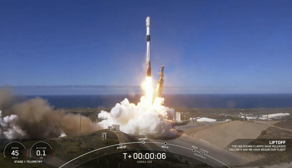 In this image from video provided by SpaceX, South Korea launches its first military spy satellite from Vandenberg Space Force Base, Calif., Friday, Dec. 1, 2023. Using SpaceX's Falcon 9 rocket, it was the first of five spy satellites South Korea plans to send into space by 2025 under a contract with SpaceX. The launch took place a little over a week after North Korea claimed to put its own spy satellite into orbit for the first time as tensions rise between the rivals. (SpaceX via AP)