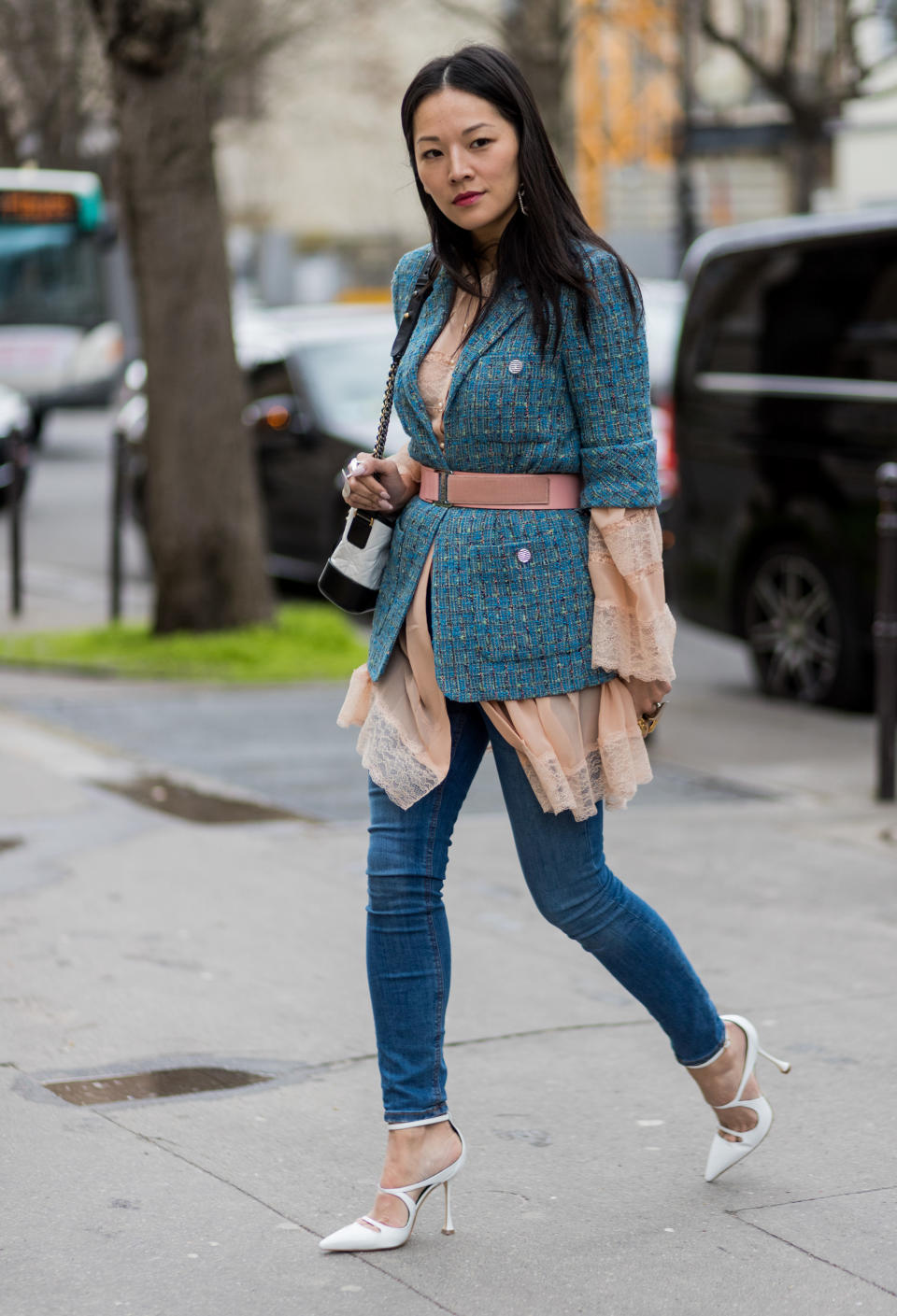 <p>Breathe new life into skinny jeans with a lace dress and oversized blazer. </p>