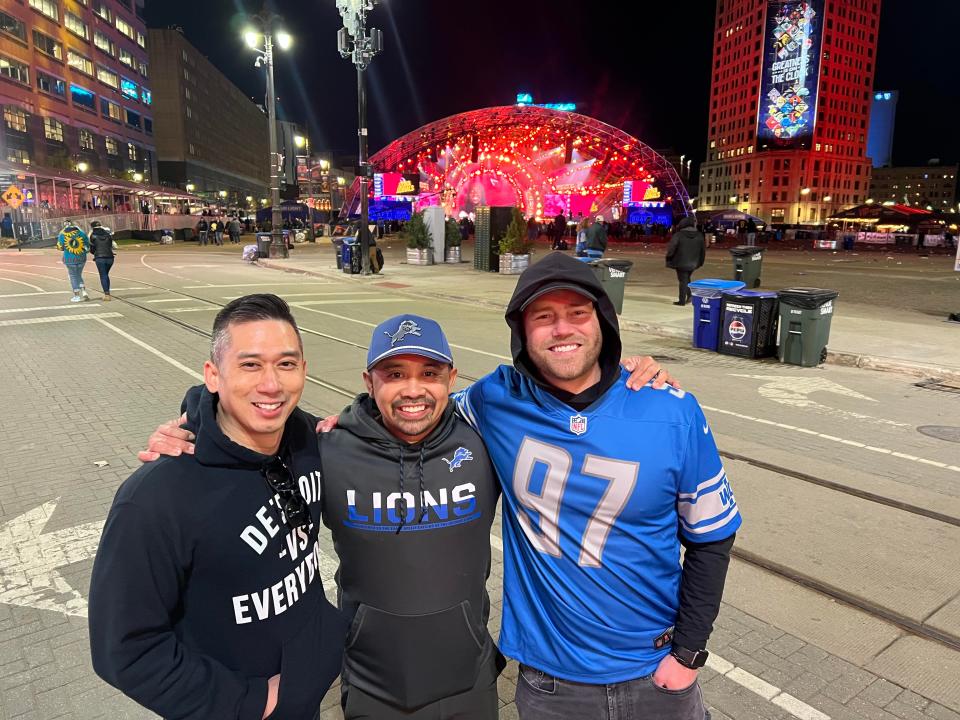 Sang Lam, 41, Suporn Teng, 40, and Kyle Batts, 34, said they really enjoyed their first time experiencing the NFL Draft in person as they leave Detroit's Campus Martius following the Lions' selection of Alabama cornerback Terrion Arnold.