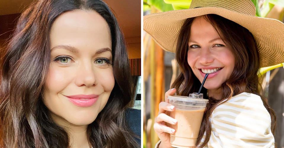 L: Selfie of Home and Away star Tammin Sursok. R: Tammin Sursok drinking an iced coffee with a wide brimmed hat