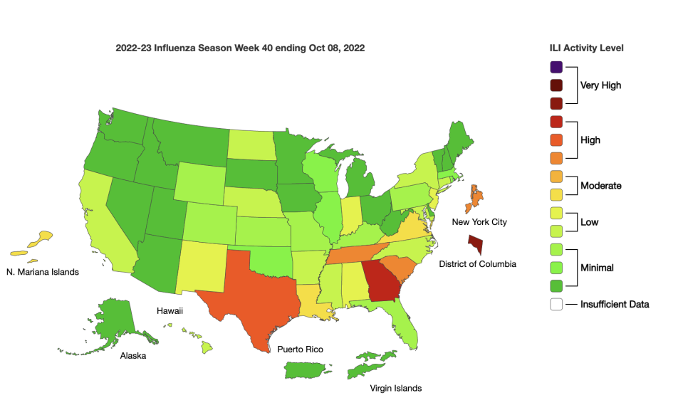 A map of the U.S. with flu cases by sate (CDC)