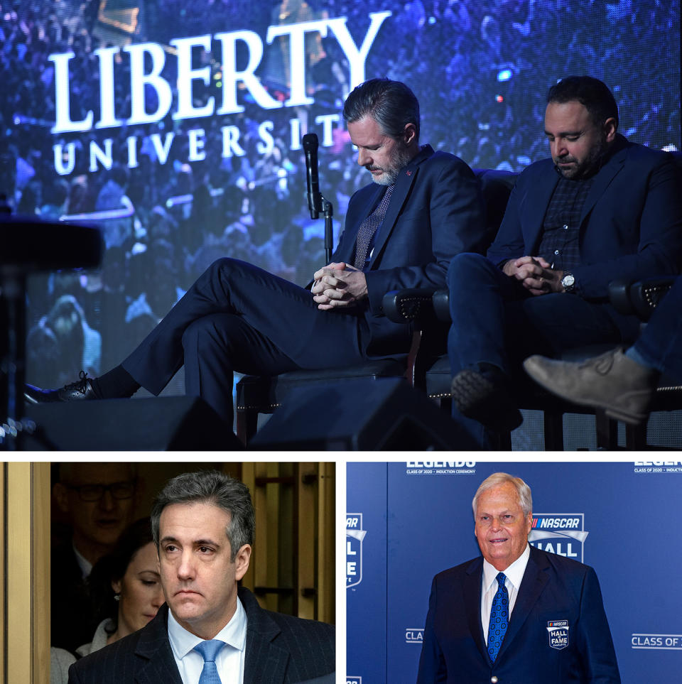 Top: Jerry Falwell Jr. prays along with Liberty University senior vice president of spiritual development David Nasser during a convocation event in Dec. 2015. Bottom left: Michael Cohen, former lawyer for President Donald Trump, leaves federal court in New York after being sentenced to three years in prison in Dec. 2018. Bottom right: NASCAR team owner Rick Hendrick at NASCAR’s Hall of Fame induction ceremony in Jan. 2020. The Falwells vacationed on Hendrick’s yacht in Key West. 