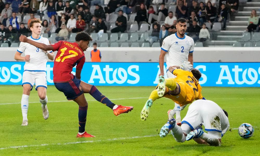 Lamine Yamal scores Spain’s opener in Cyprus.