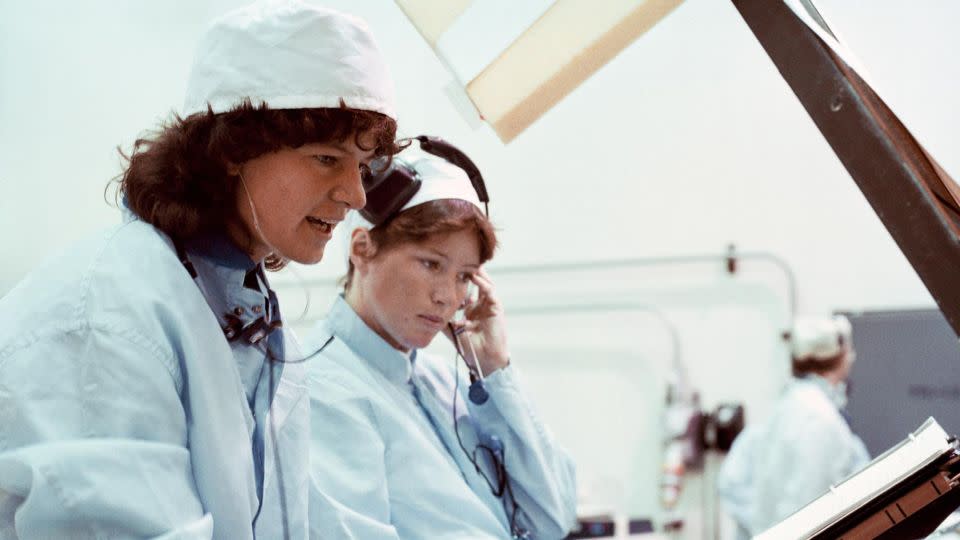 Astronauts Ride and Fisher participate in a mission sequence test at NASA's Kennedy Space Center in Florida in May 1983. - NASA