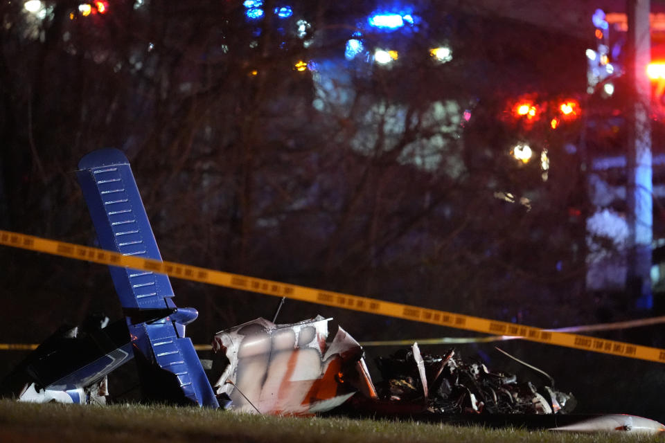 FILE - Debris from a fatal small plane crash is seen alongside Interstate 40 near mile marker 202 on Monday, March 4, 2024, in Nashville, Tenn. On Thursday, Police have identified those killed in the fiery small plane crash next to Interstate 40 on Monday as a family of five from Canada. AP Photo/George Walker IV)