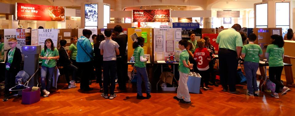 Students from seven counties in Michigan show off their inventions to judges at Invention Convention Michigan inside The Henry Ford in Dearborn on April 30, 2022.