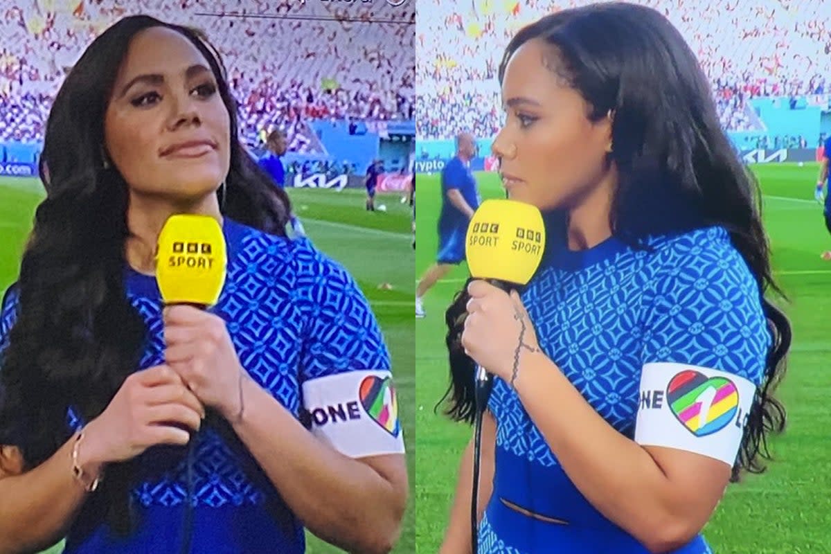 Alex Scott wears OneLove armband, in defiance of a FIFA ruling  (BBC Sport)