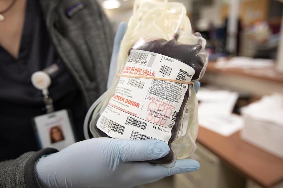 A full bag of blood is ready to process. Vitalant of San Luis Obispo blood donation center is in dire need of donors to boost the blood supply during this pandemic