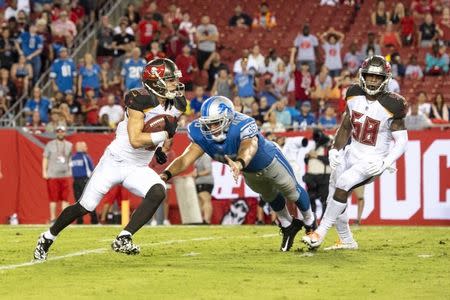 Aug 24, 2018; Tampa, FL, USA; Tampa Bay Buccaneers wide receiver Adam Humphries (10) returns a missed field goal attempt by Detroit Lions punter Matt Prater (not pictured) during the first half at Raymond James Stadium. Mandatory Credit: Douglas DeFelice-USA TODAY Sports