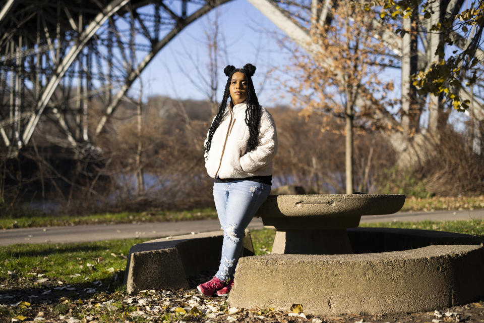 High school student Mecca Patterson-Guridy, 17, poses for a portrait in Philadelphia, Friday, Dec. 9, 2022. Scrutiny from conservatives around teaching about race, gender and sexuality has made many teachers reluctant to discuss issues that touch on cultural divides. To fill in gaps, some students, including Mecca, are looking to social media, where online personalities, nonprofit organizations and teachers are experimenting with ways to connect with them outside the confines of school. (AP Photo/Ryan Collerd)