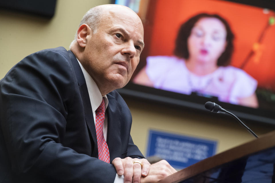 UNITED STATES - AUGUST 24: Rep. Katie Porter, D-Calif.,  questions Postmaster General Louis DeJoy during the House Oversight and Reform Committee hearing titled Protecting the Timely Delivery of Mail, Medicine, and Mail-in Ballots, in Rayburn House Office Building on Monday, August 24, 2020. (Photo By Tom Williams/CQ-Roll Call, Inc via Getty Images/Pool)