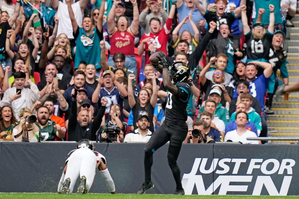 Calvin Ridley scored a touchdown last week in London in the Jaguars victory over the Falcons.