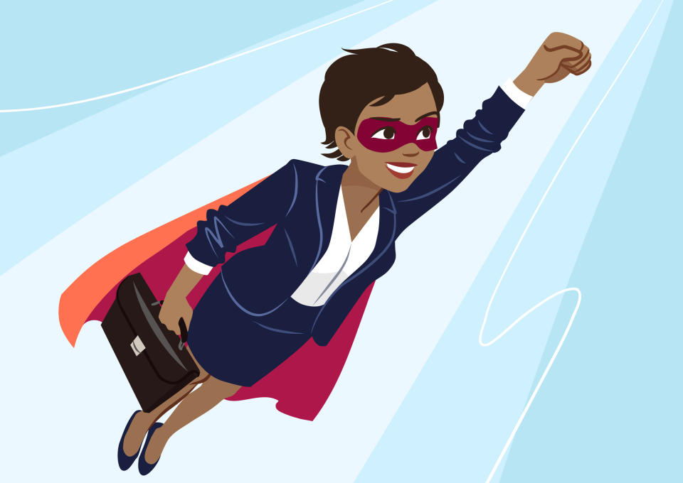 Illustration of a woman in a business suit and cape, who is also holding a briefcase, flying through the air.