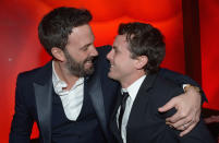 Ben Affleck celebrates his big Golden Globes night with his younger brother, actor Casey Affleck, on Sunday. Ben’s film “Argo” won big at the Globes, also earning him a best director award.