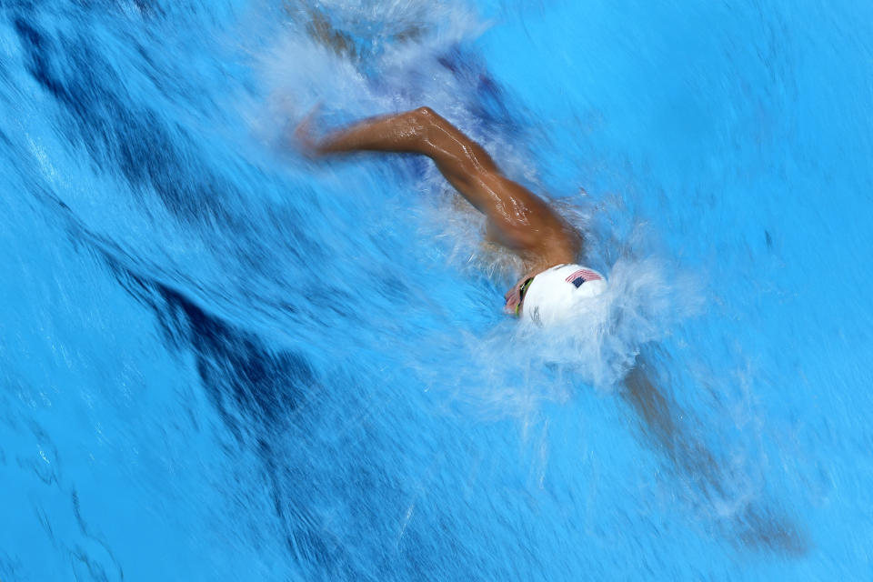 Robert Finke, of the United States, swims to a second place finish in heat 4 of the men's 1500-meter freestyle at the 2020 Summer Olympics, Friday, July 30, 2021, in Tokyo, Japan. (AP Photo/Jeff Roberson)