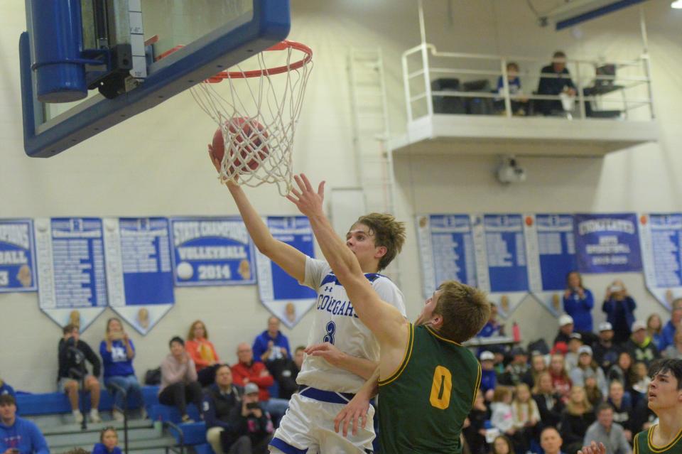 Resurrection Christian basketball player Cody Michaelson shoots during a Class 3A playoff game against Manitou Springs on Saturday, March 5, 2022. RCS won 53-42 to advance to the Great 8.