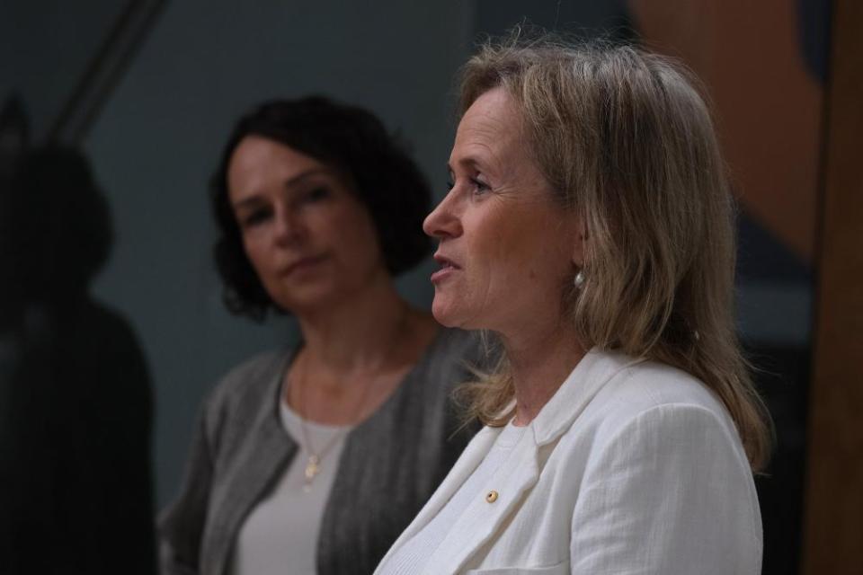 Prof Sharon Lewin (pictured right) with Victorian MP Jaala Pulford (left) at a press conference at the Doherty Institute in March.