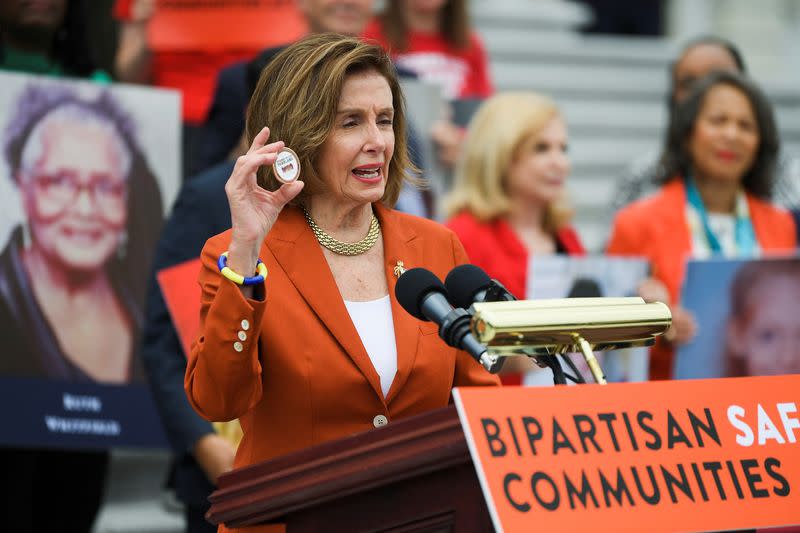 U.S. House Speaker Nancy Pelosi (D-CA) appears with gun safety advocates before the House vote on gun safety legislation on Capitol Hill