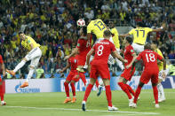 <p>Yerry Mina, center, scores his third goal of the World Cup with a towering header </p>