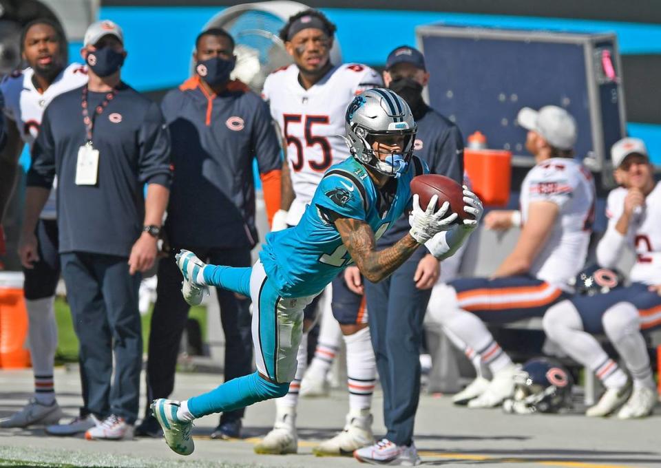 Carolina Panthers wide receiver Robby Anderson (11) comes down with a long reception in the second half against the Chicago Bears at Bank of America Stadium on Sunday, October 18, 2020. The Bears won, 23-16.