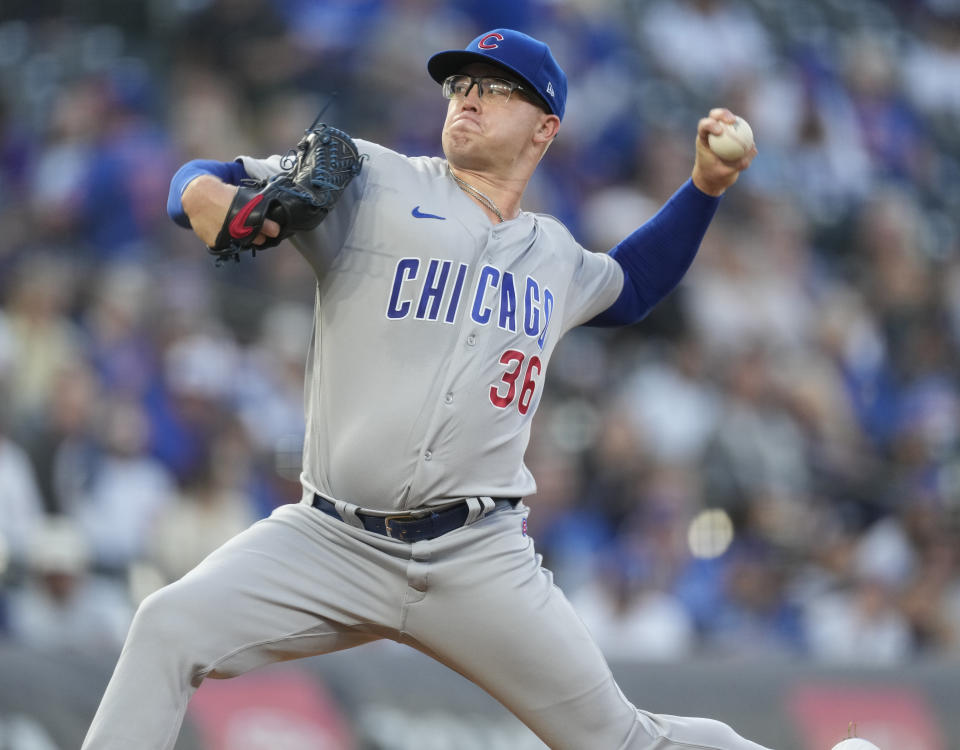 Chicago Cubs starting pitcher Jordan Wicks works against the Colorado Rockies in the first inning of a baseball game, Monday, Sept. 11, 2023, in Denver. (AP Photo/David Zalubowski)
