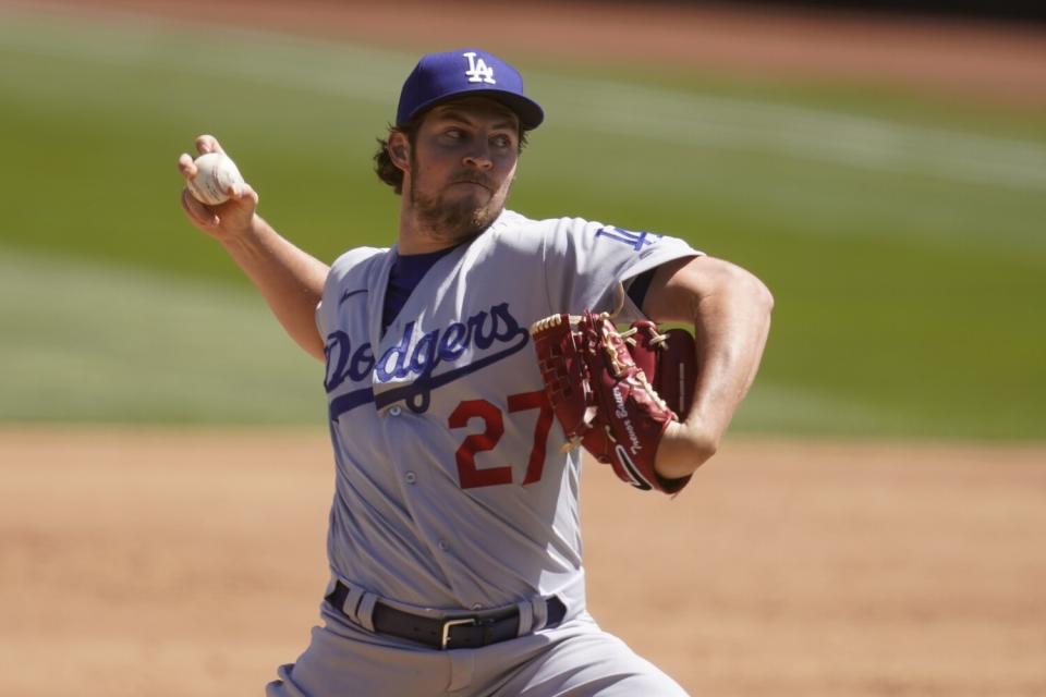 Dodgers pitcher Trevor Bauer pitches against the Oakland Athletics in April 2021.