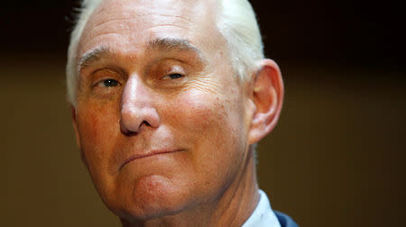 FILE PHOTO: U.S. political consultant Roger Stone, a longtime ally of President Donald Trump, speaks to reporters after appearing before a closed House Intelligence Committee hearing investigating Russian interference in the 2016 U.S. presidential election at the U.S. Capitol in Washington, U.S., September 26, 2017. REUTERS/Kevin Lamarque/File Photo