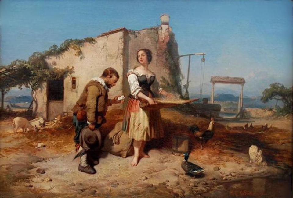 Retrato del ‘encuentro’ entre Sancho y Dulcinea, pintado por Eugène Lepoittevin. <a href="https://commons.wikimedia.org/wiki/File:Eug%C3%A8ne_Lepoittevin,_Sancho_remettant_%C3%A0_Dulcin%C3%A9e_le_message_de_Don_Quichotte,_1847,_private_collection.jpg" rel="nofollow noopener" target="_blank" data-ylk="slk:Wikimedia Commons;elm:context_link;itc:0;sec:content-canvas" class="link ">Wikimedia Commons</a>