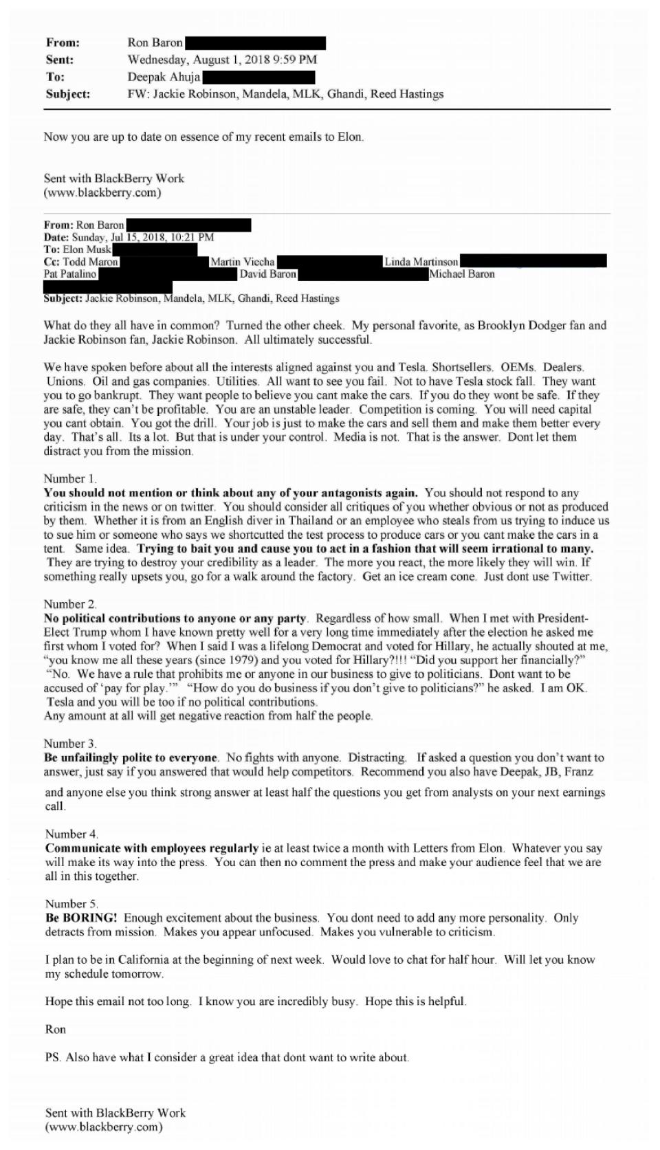 Ron Baron emailed Elon Musk on July 15, 2018.