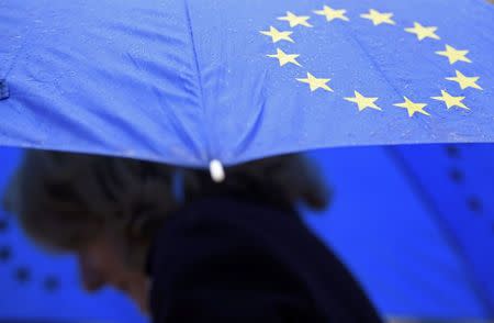 A demonstrator shelters under an EU umbrella outside the High Court during a legal challenge to force the British government to seek parliamentary approval before starting the formal process of leaving the European Union, in London, Britain, October 13, 2016. REUTERS/Toby Melville