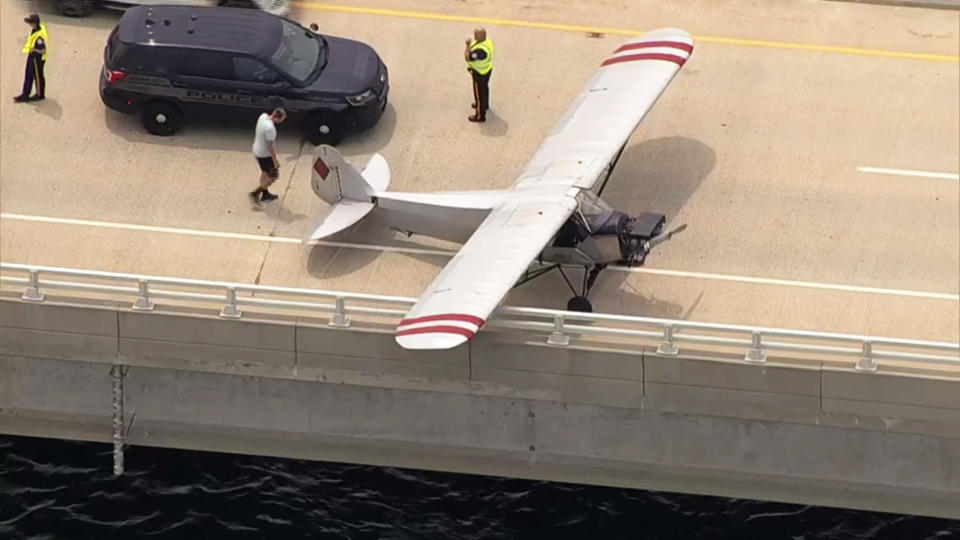 Landon Lucas safely landed his banner-pulling plane on bridge in New Jersey. (NBC Philadelphia)