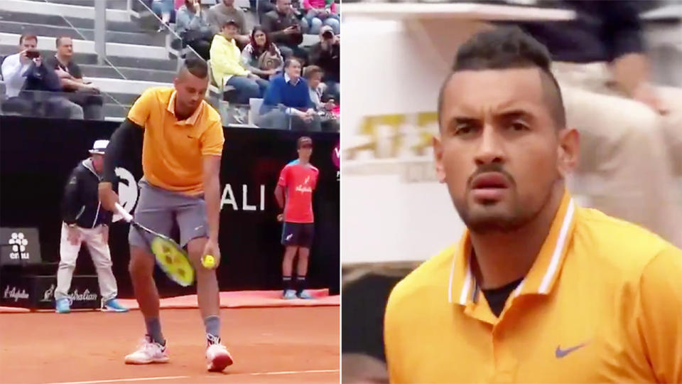 Nick Kyrgios began his Rome Masters with an underarm serve. (Images: @TennisTV)