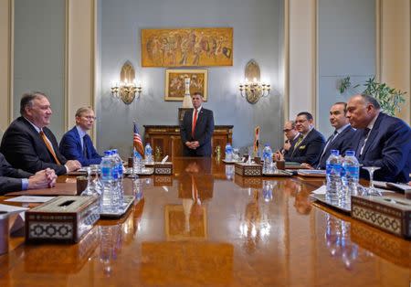 U.S. Secretary of State Mike Pompeo meets with his Egyptian counterpart Sameh Shoukry at the ministry of foreign affairs in Cairo, Egypt, January 10, 2019. Andrew Caballero-Reynolds/Pool via REUTERS