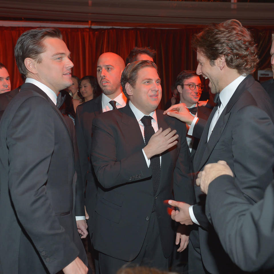 Leonardo DiCaprio, Jonah Hill and Bradley Cooper attend The Weinstein Company's 2013 Golden Globe Awards After Party presented by Chopard held at The Old Trader Vic's at The Beverly Hilton Hotel on January 13, 2013 in Beverly Hills, California.