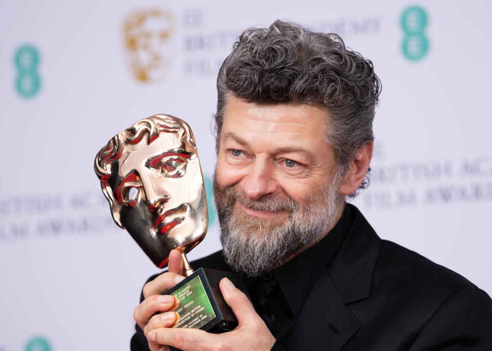 LONDON, ENGLAND - FEBRUARY 02: Andy Serkis with the Outstanding British Contribution to Cinema award poses in the Winners Room during the EE British Academy Film Awards 2020 at Royal Albert Hall on February 02, 2020 in London, England. (Photo by Gareth Cattermole/Getty Images)