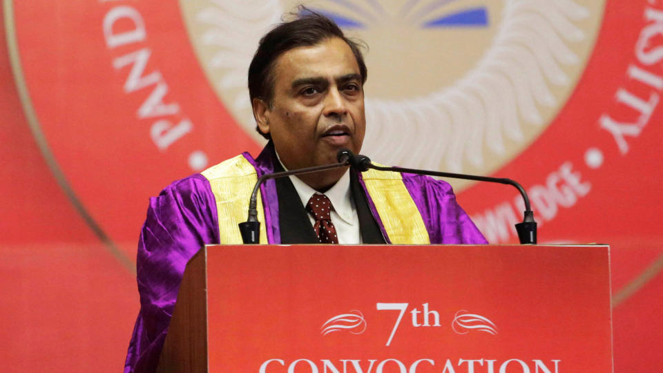 Mandatory Credit: Photo by Ajit Solanki/AP/Shutterstock (10374470e)Reliance Chairman Mukesh Ambani speaks during a convocation ceremony at the Pandit Deendayal Petroleum University in Gandhinagar, IndiaConvocation, Gandhinagar, India - 29 Aug 2019.