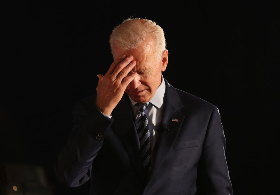 Joe Biden pauses during a candidate forum in Des Moines, Iowa. on July 15, 2019. (Photo: Justin Sullivan via Getty Images)