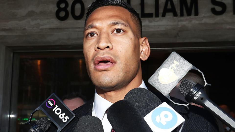 Israel Folau, pictured here after his Fair Work hearing with Rugby Australia.