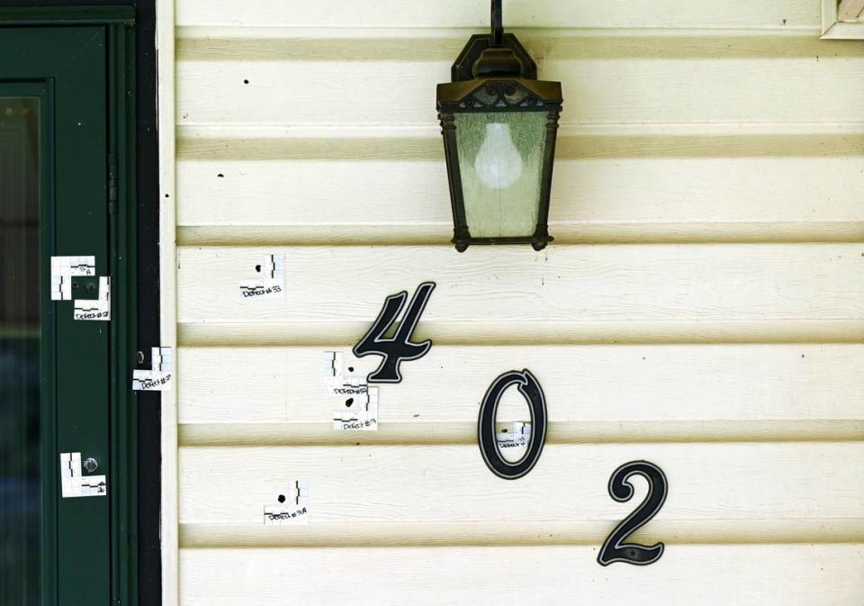 Bullet holes remain near the front door of the home of Christy Parks on Tharpe Road in Warner Robins. Parks son Brian was shot and killed by Houston County deputies when he showed a gun during a welfare check.