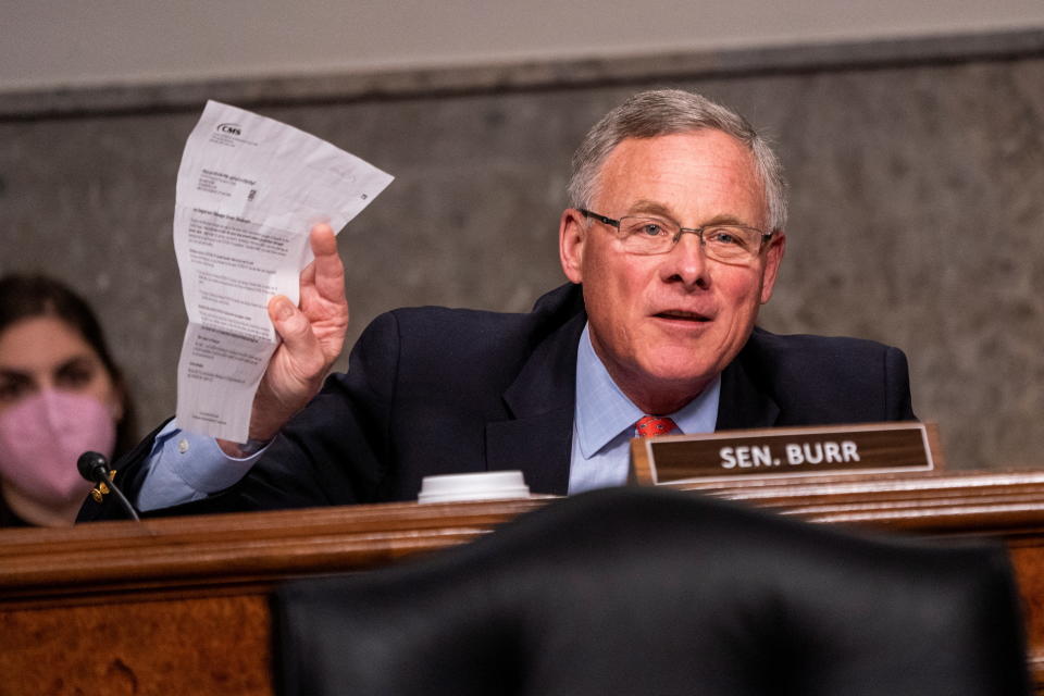 Sen. Burr delivers opening remarks during a Senate hearing on the federal response to COVID and new emerging variants, January 11, 2022. Shawn Thew/Pool via REUTERS